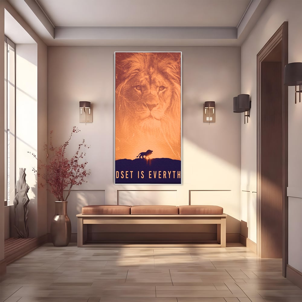 Tablou canvas cu tablou motivational cu leu si silueta, in rama de aluminiu argintiu